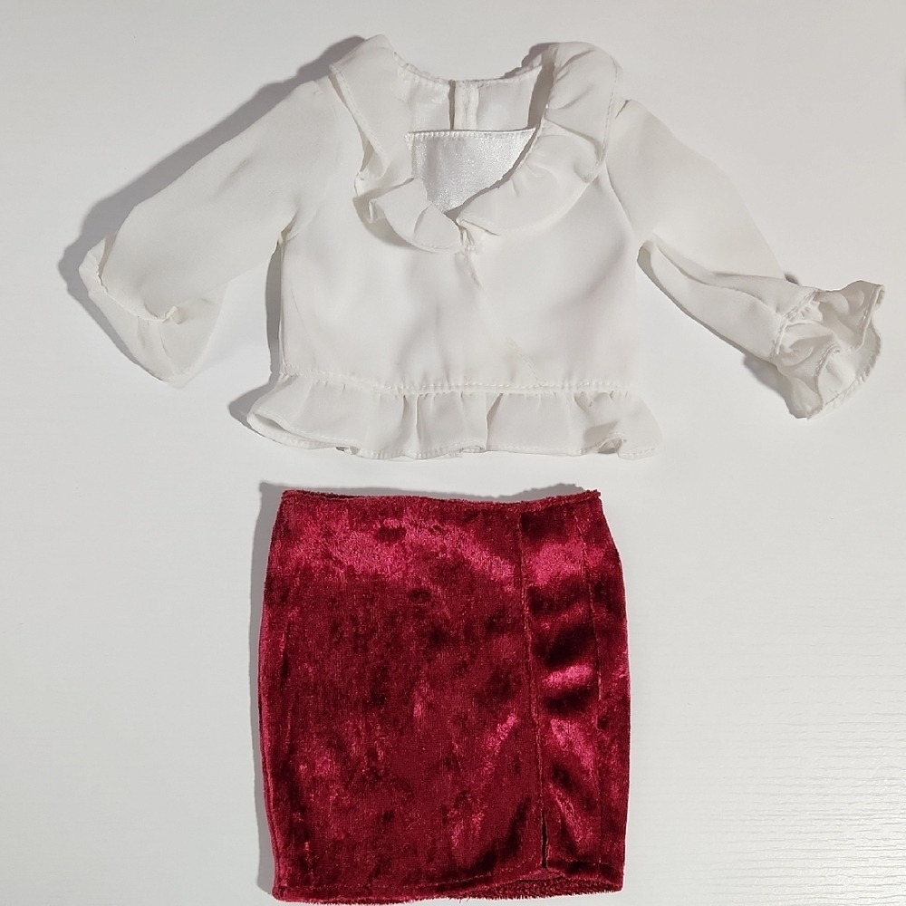 AG Battat Babydoll Red Velvet Pencil Skirt With White Long Sleeve Top